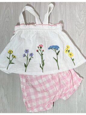 Mud Pie 9-12m NWOT cotton gauze pinafore bloomer set floral spring summer pink